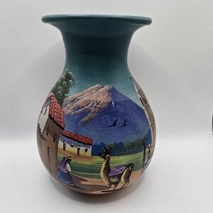 Hand Painted Peruvian Folk Art Vase Llama Village Scene Boho Decor